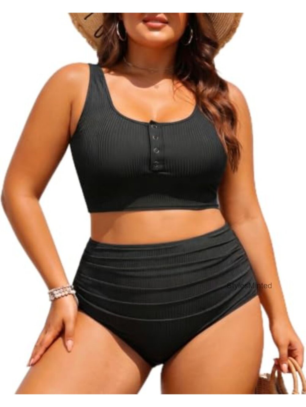 Plus Size High Waisted Bikini Set Tummy Control Ribbed Bathing Suit